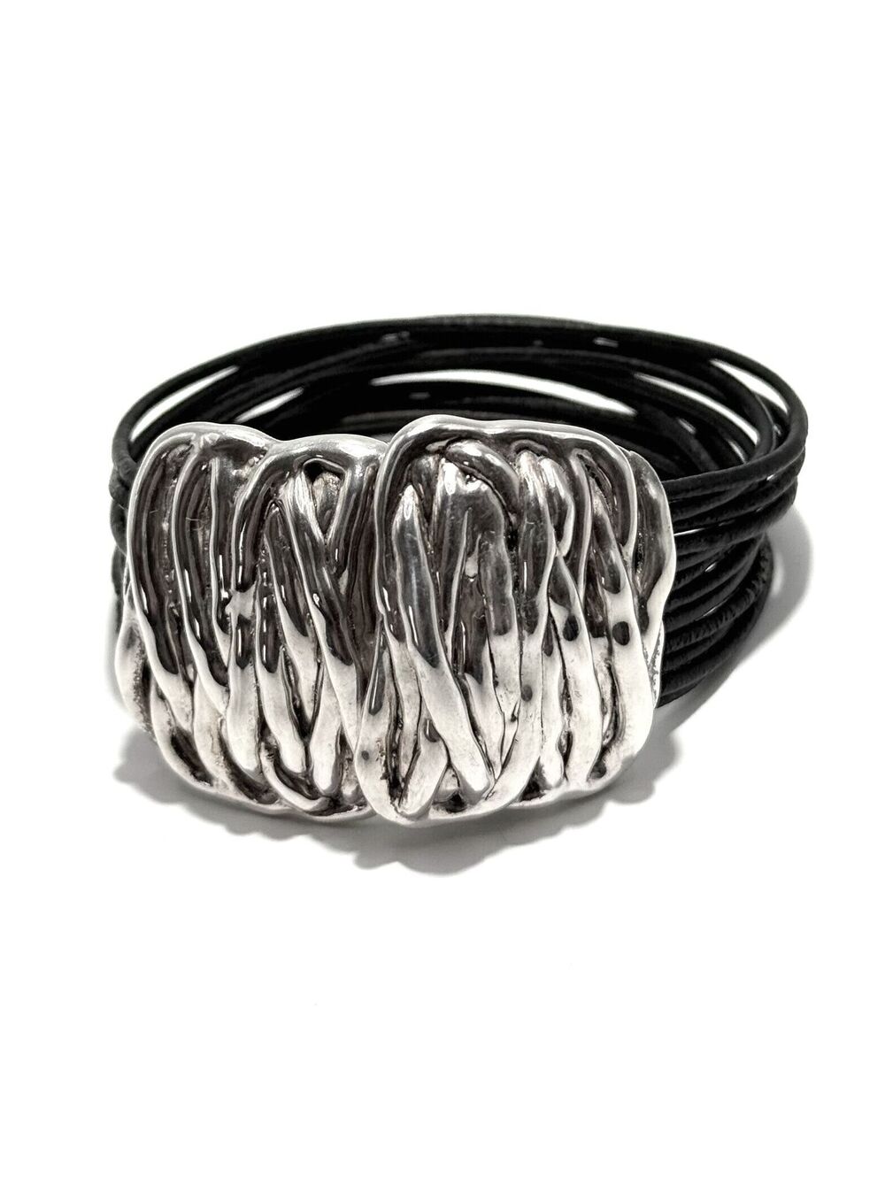 Sterling Silver 925 Multi-Strand Black Leather Cuff with Magnetic Clasp, Israel